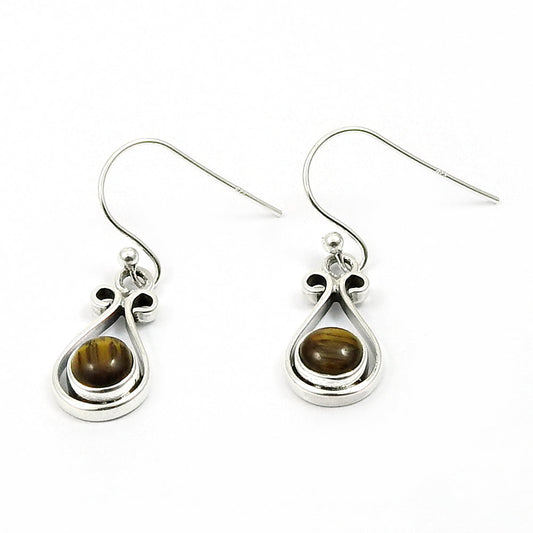 Woman Gift 925 Silver Natural Tiger Eye Drop Dangle Vintage Earrings F10