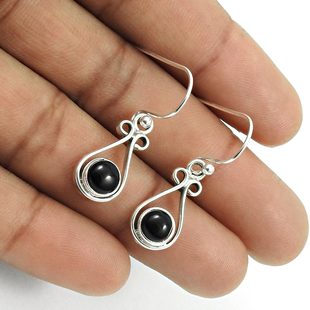 Round Black Onyx Gemstone August Birth Wedding Bezel Dangle Ethnic Earrings 925 Silver