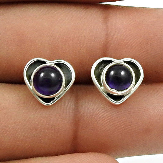 925 Silver Natural Amethyst Gemstone Heart Stud Earrings Woman Gift Jewelry A6