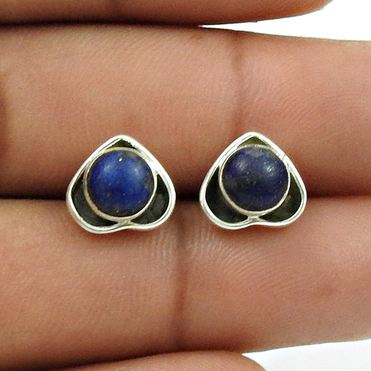 Woman Gift Natural Lapis Lazuli Stud Heart Earrings 925 Sterling Silver O2