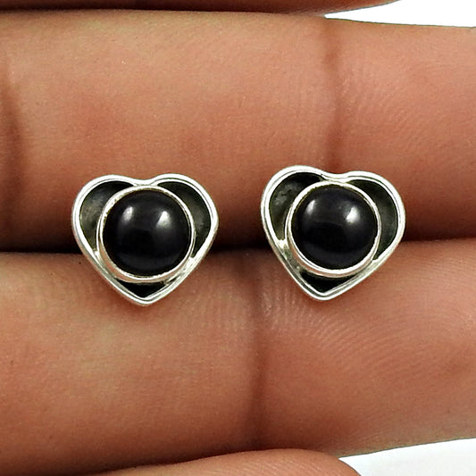 Gift For Woman Stud Heart Earrings 925 Sterling Silver Natural Black Onyx Gemstone R2