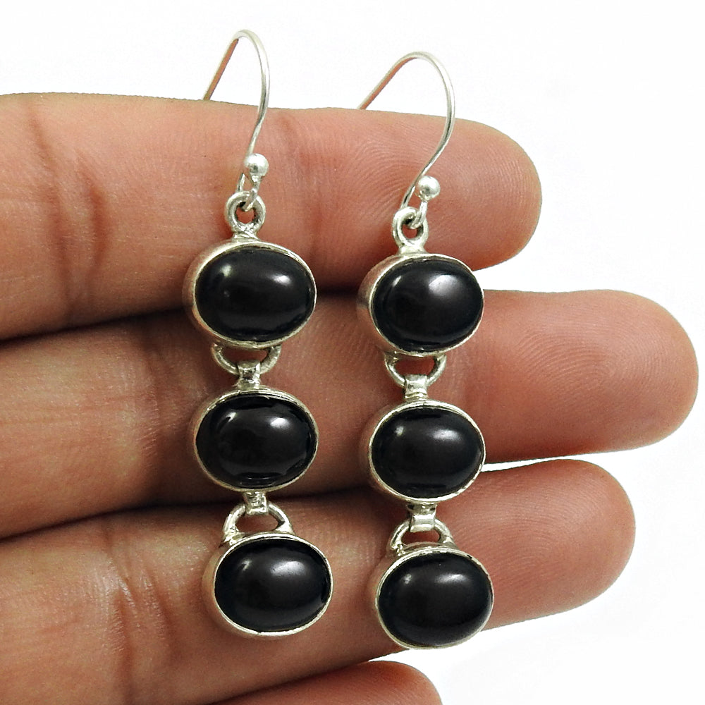 Natural Black Onyx Gemstone Drop Dangle Boho Earrings 925 Sterling Silver Jewelry D11