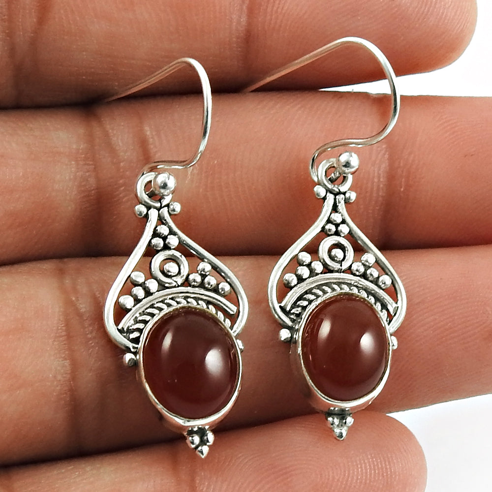 Carnelian Stone 925 Solid Silver Anniversary Hook Dangle Drop Ethnic Earrings