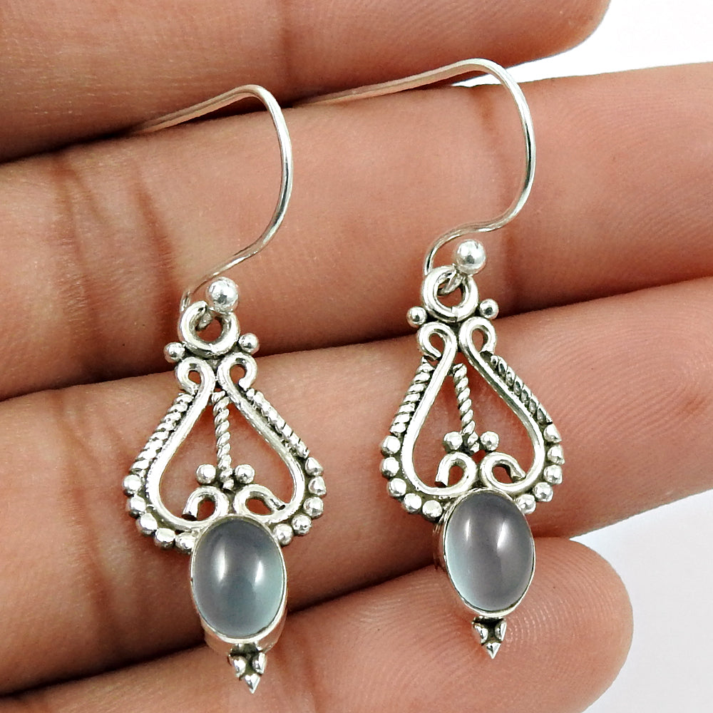Oval Chalcedony Gemstone 925 Sterling Silver Dangle Drop Vintage Look Earrings