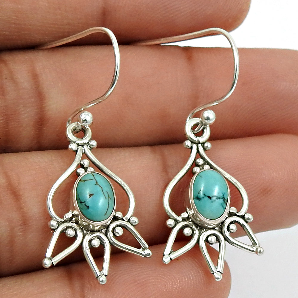 925 Solid Silver Oval Turquoise Gemstone Engagement Ethnic Dangle Drop Earrings
