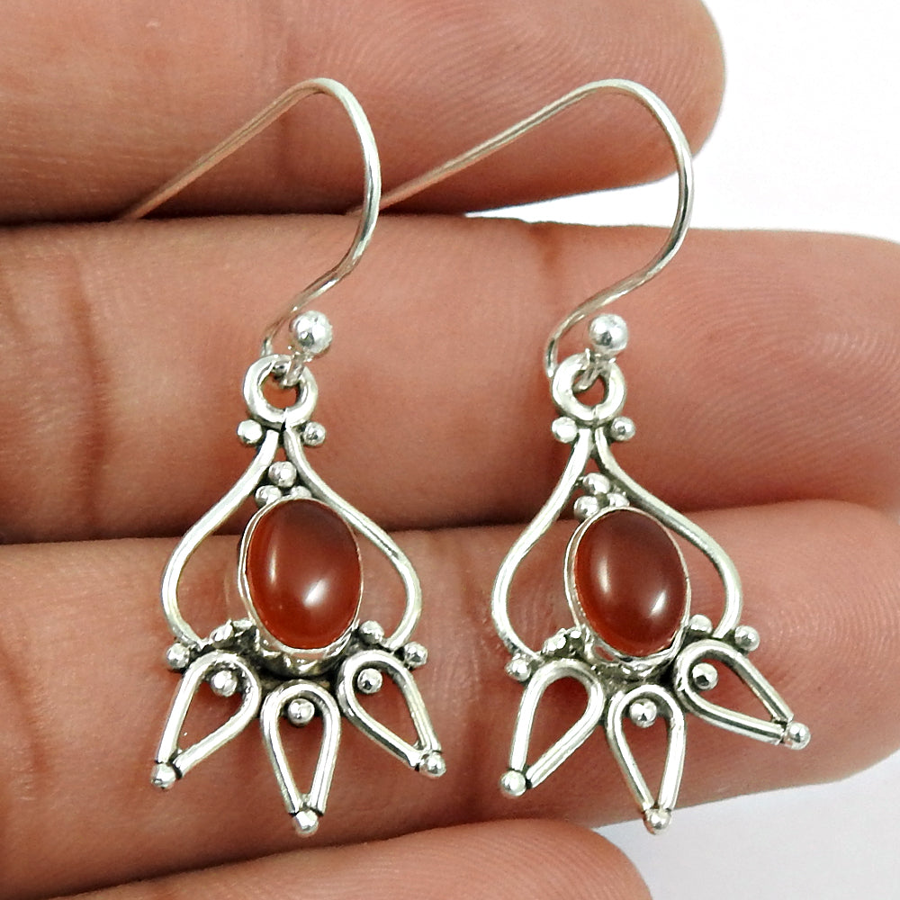 925 Sterling Silver Oval Carnelian Gemstone Tribal Art Deco Dangle Drop Earrings