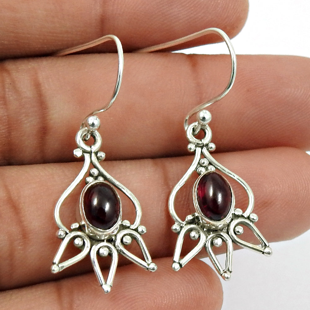 Natural Garnet Gemstone Drop Dangle Bohemian Earrings 925 Silver For Girls N6