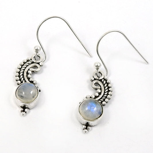 Rainbow Moonstone Stone Antique Look Dangle Drop Earrings Solid Sterling Silver