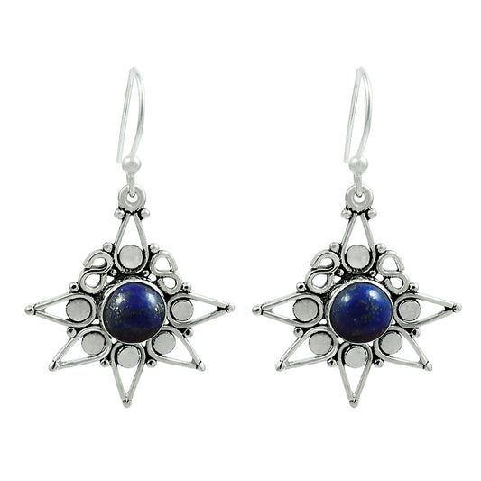 Natural Lapis Lazuli Gemstone Drop Dangle Vintage Earrings 925 Silver V7