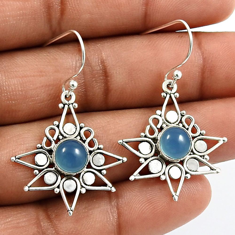 Gift For Her Natural Blue Chalcedony Gemstone Earrings 925 Silver Jewelry