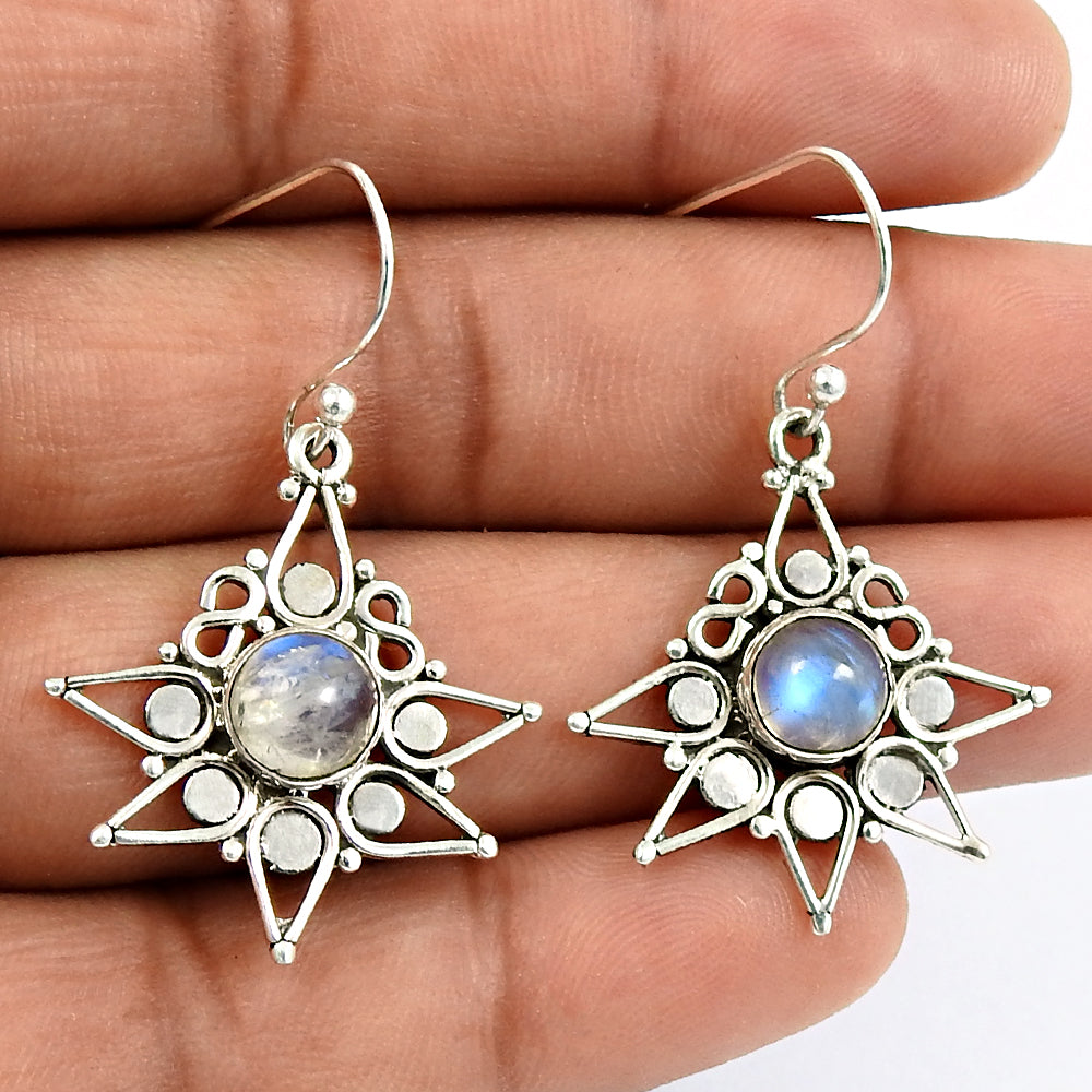 Solid 925 Silver Natural Rainbow Moonstone Charming Earrings Gift For Girls A8
