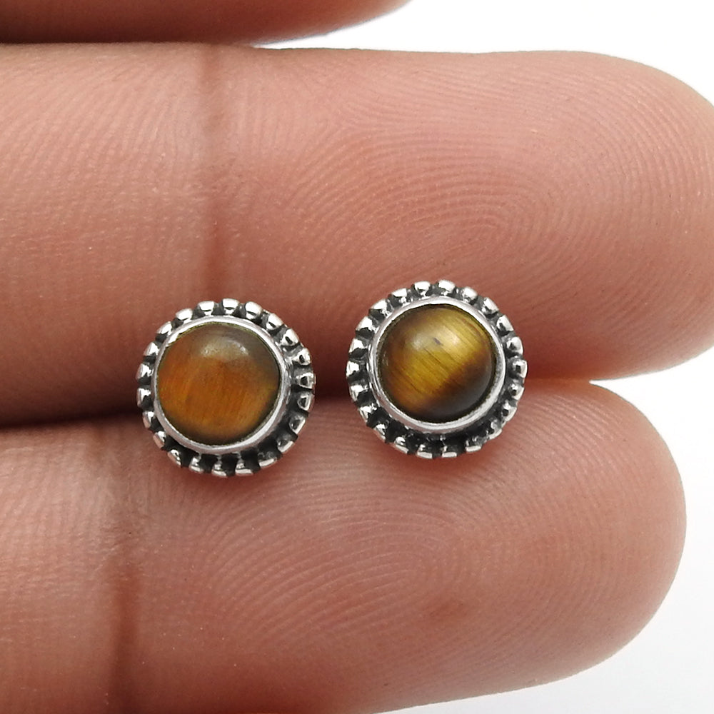 Sisters Day Sale 925 Solid Silver Tiger Eye Gemstone Boho Stud Mother Earrings