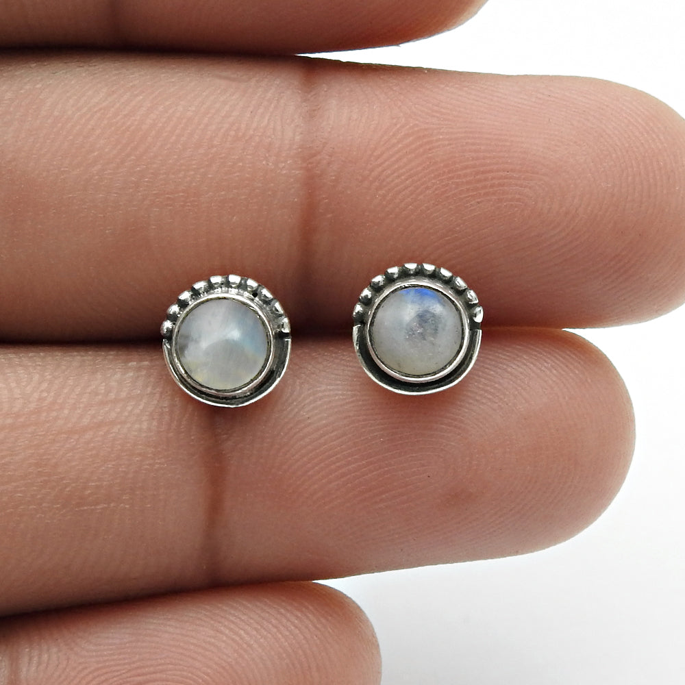Round Natural Rainbow Moonstone 925 Silver Stud Post Sister Birthday Earrings