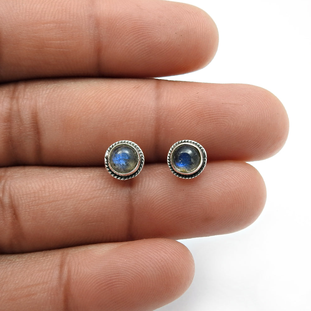 Third Eye Chakra Labradorite Gemstone 925 Solid Silver Bezel Stud Wife Earrings
