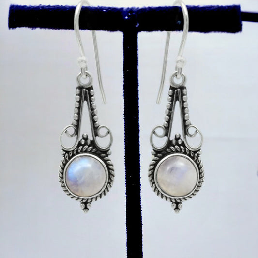 Drop Dangle Vintage Earrings 925 Silver Natural Rainbow Moonstone L9