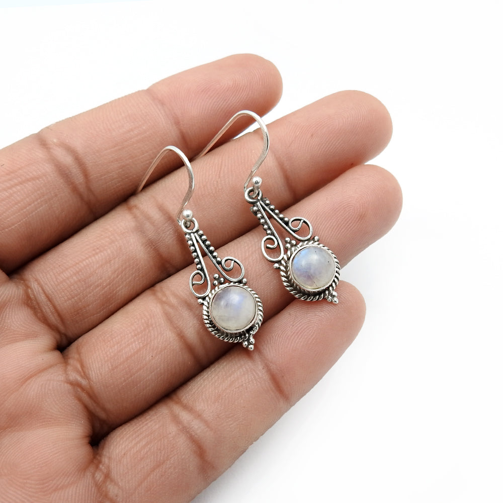 Drop Dangle Vintage Earrings 925 Silver Natural Rainbow Moonstone L9