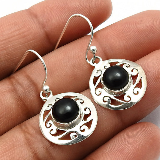 Woman Gift Natural Black Onyx Drop Dangle Boho Earrings 925 Sterling Silver N9