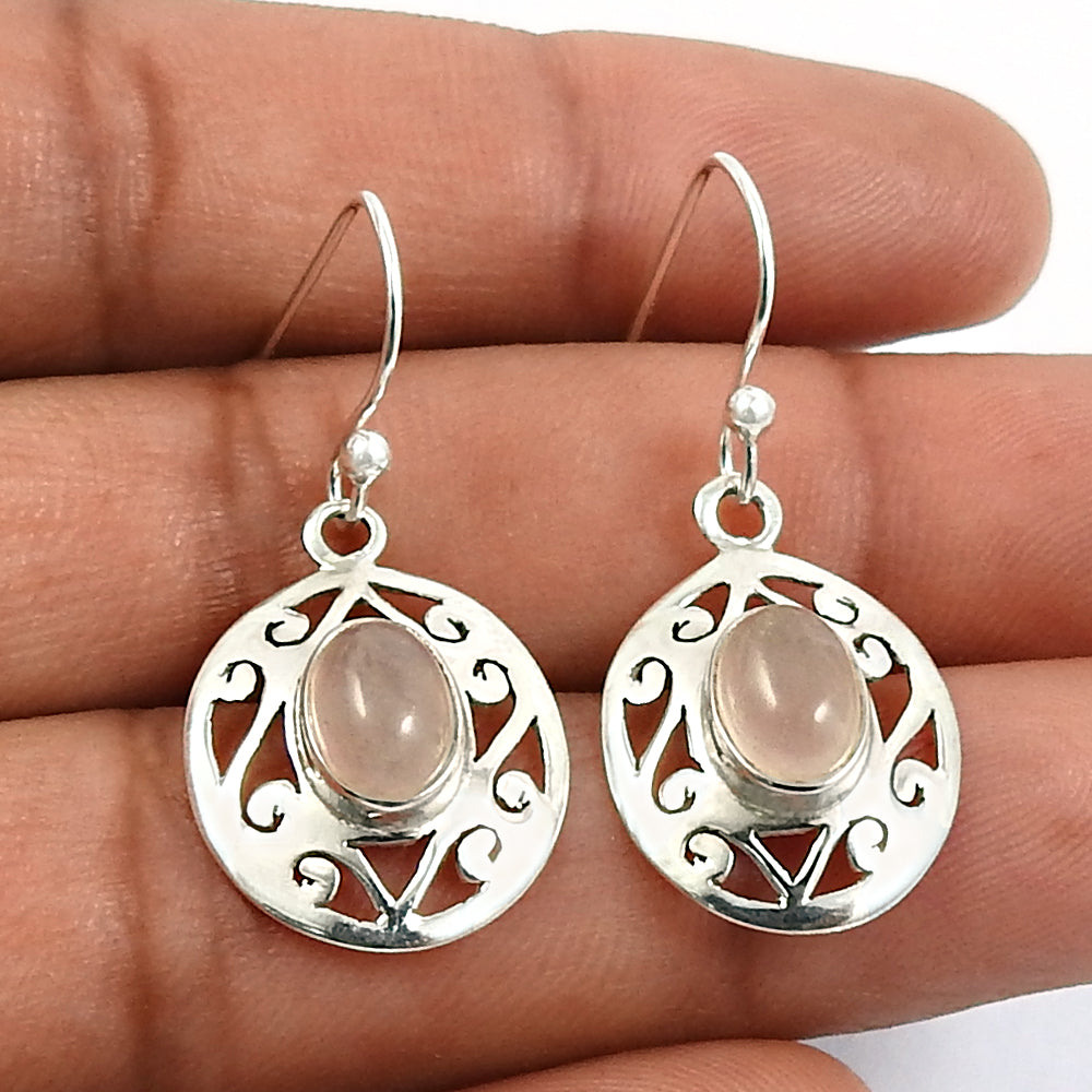Woman Gift 925 Silver Natural Rose Quartz Drop Dangle Tribal Earrings S9