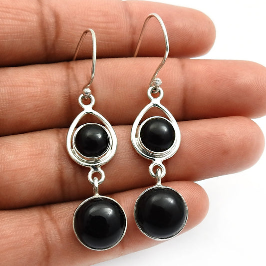 Woman Gift Natural Black Onyx Drop Dangle Vintage Earrings 925 Silver F10