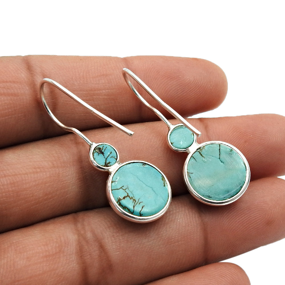Turquoise Gemstone 925 Solid Silver Dangle Drop Vintage Throat Chakra Earrings