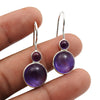 Round Natural Amethyst 925 Solid Silver Bohemian Bezel Dangle February Earrings