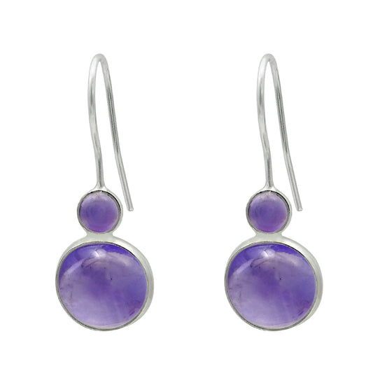 Round Natural Amethyst 925 Solid Silver Bohemian Bezel Dangle February Earrings