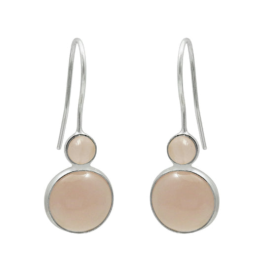 Round Rose Quartz Gemstone Solid Sterling Silver Tribal Hook Dangling Earrings