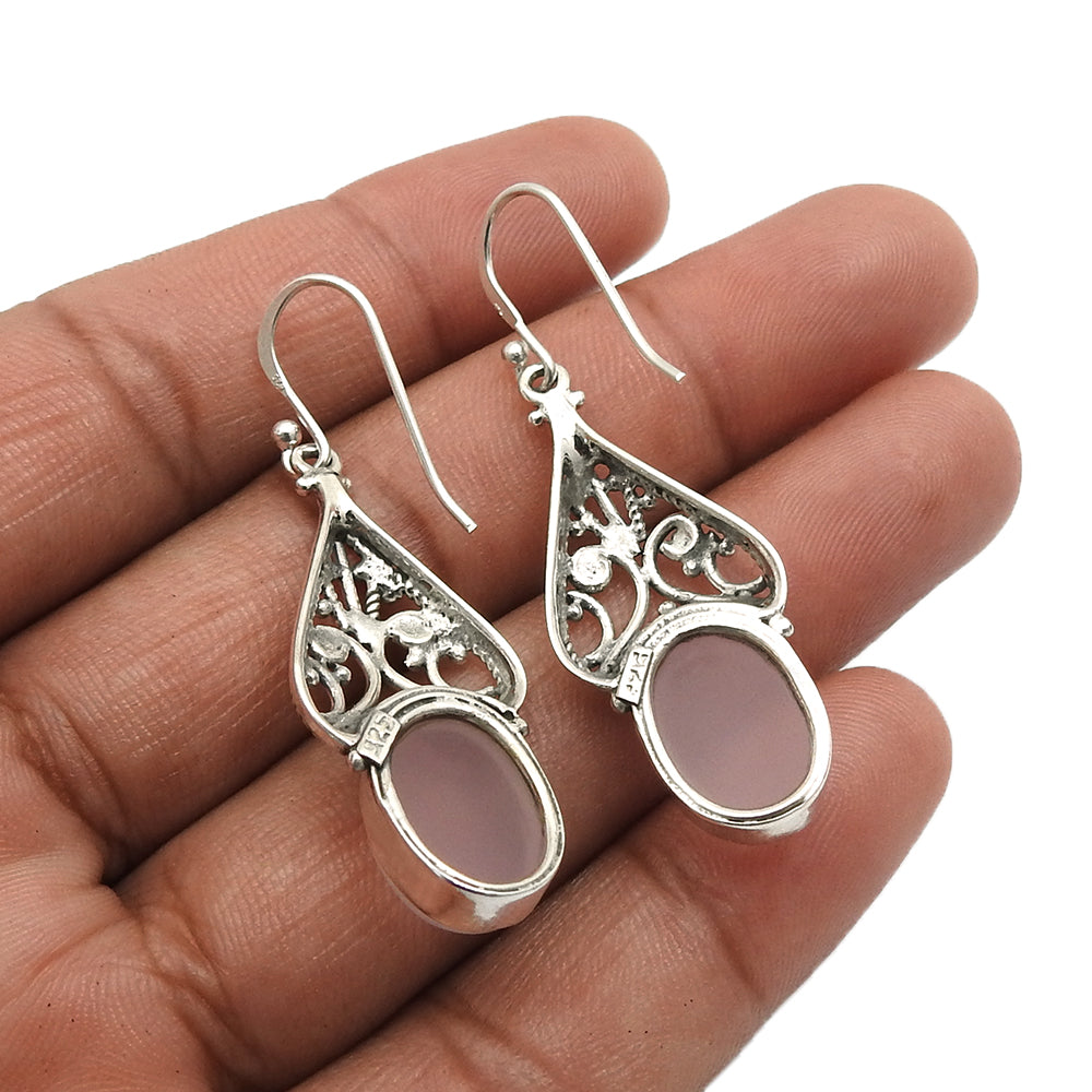 Natural Rose Quartz Drop Dangle Vintage Earrings 925 Silver For Girls J10