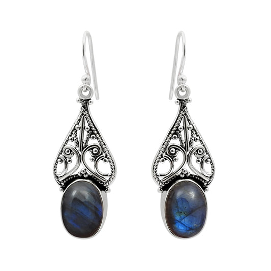 Oval Labradorite Stone Unique Wedding Dangling Tribal Earrings 925 Solid Silver