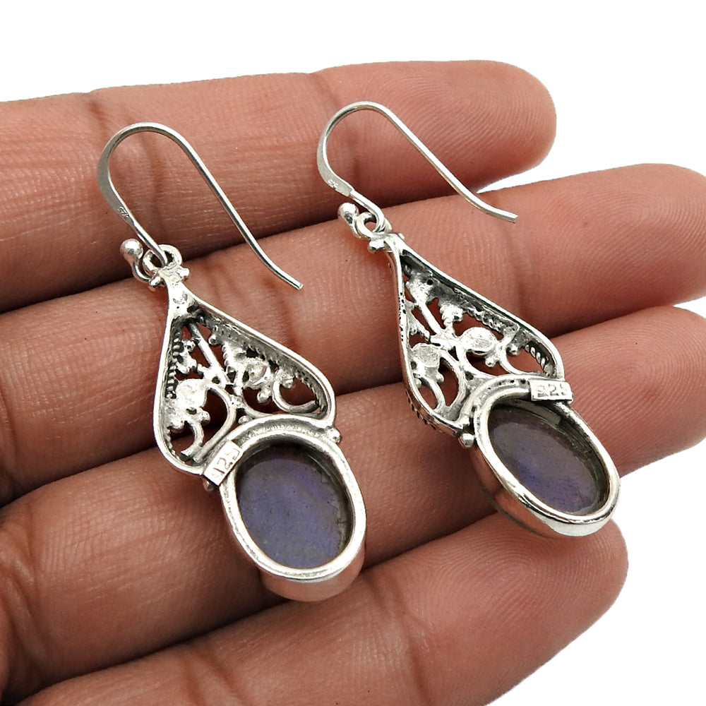 Oval Labradorite Stone Unique Wedding Dangling Tribal Earrings 925 Solid Silver