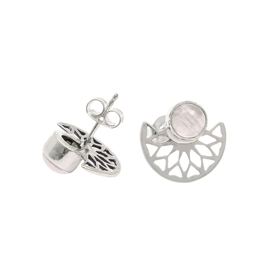 Round Rose Quartz Stone Stud Handcrafted Bezel Ethnic Earrings 925 Solid Silver