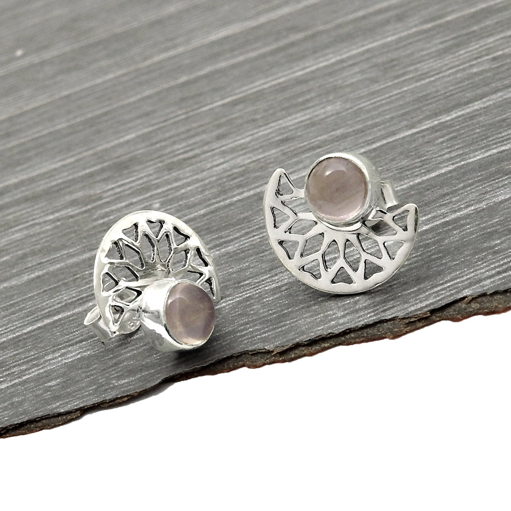 Round Rose Quartz Stone Stud Handcrafted Bezel Ethnic Earrings 925 Solid Silver