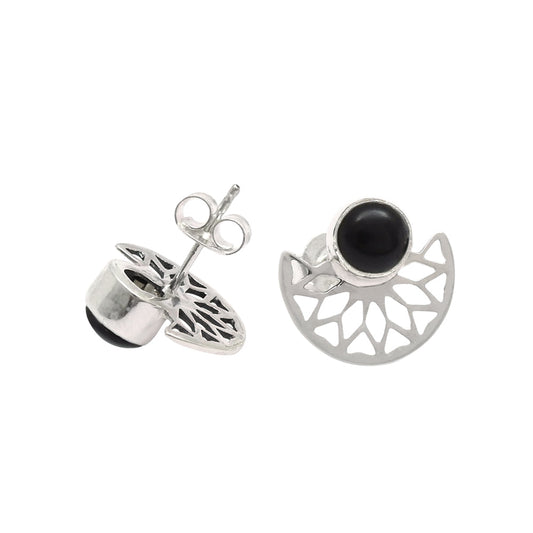 Root Chakra Natural Black Onyx Boho Sister Stud Bezel Earrings 925 Solid Silver