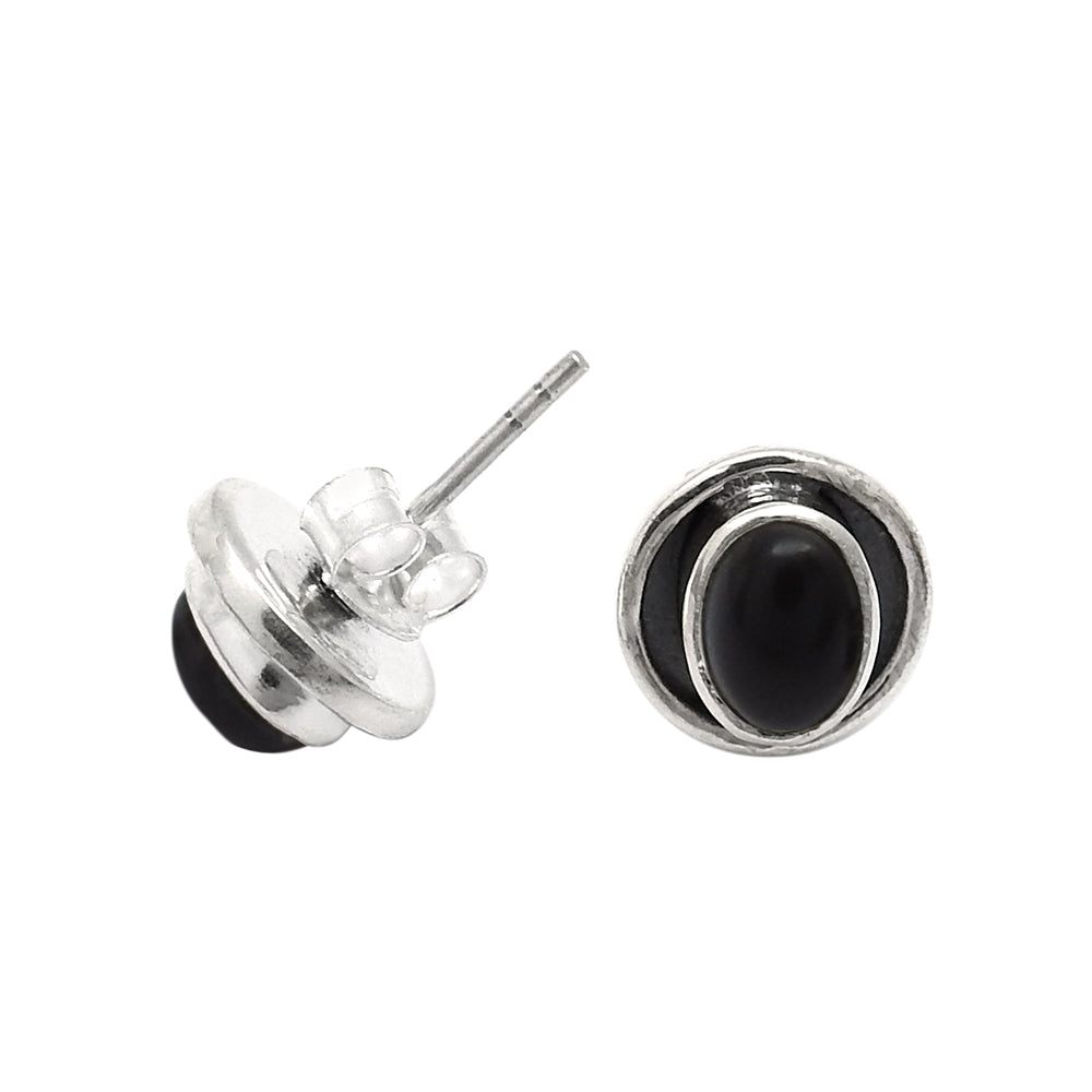 Oval Natural Black Onyx 925 Sterling Silver Bezel Artisan Stud Post New Earrings