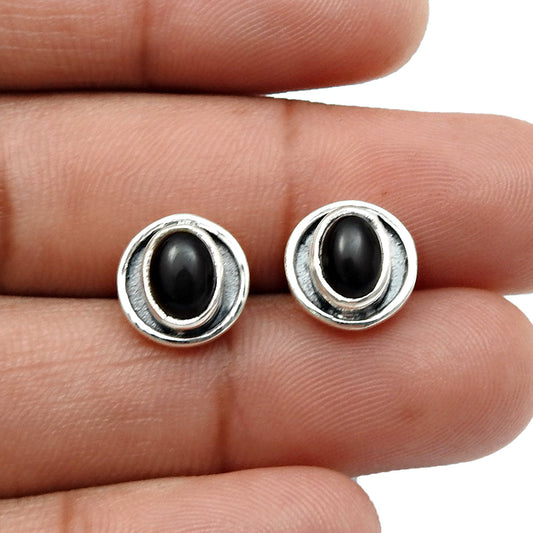 Oval Natural Black Onyx 925 Sterling Silver Bezel Artisan Stud Post New Earrings