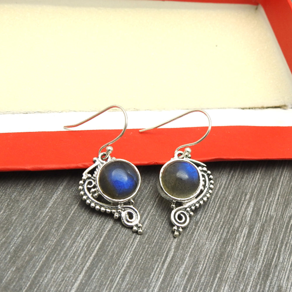 Natural Labradorite Solid Sterling Silver Bezel Drop Dangle Earrings Jewelry