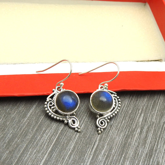 Natural Labradorite Solid Sterling Silver Bezel Drop Dangle Earrings Jewelry