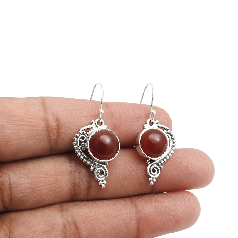 Round Carnelian Gemstone 925 Silver Drop Dangle Bezel Elegant Trendy Earrings