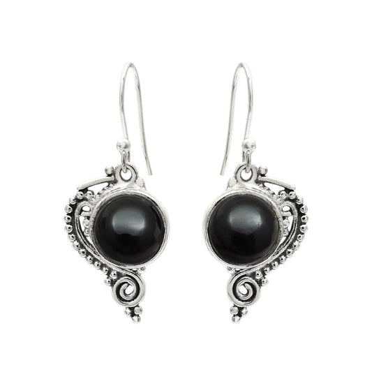 Round Natural Black Onyx Unique Dangle Bezel Hook Earrings Solid Sterling Silver