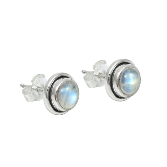 Round Rainbow Moonstone Gemstone Stud Post Crown Chakra Earrings Sterling Silver