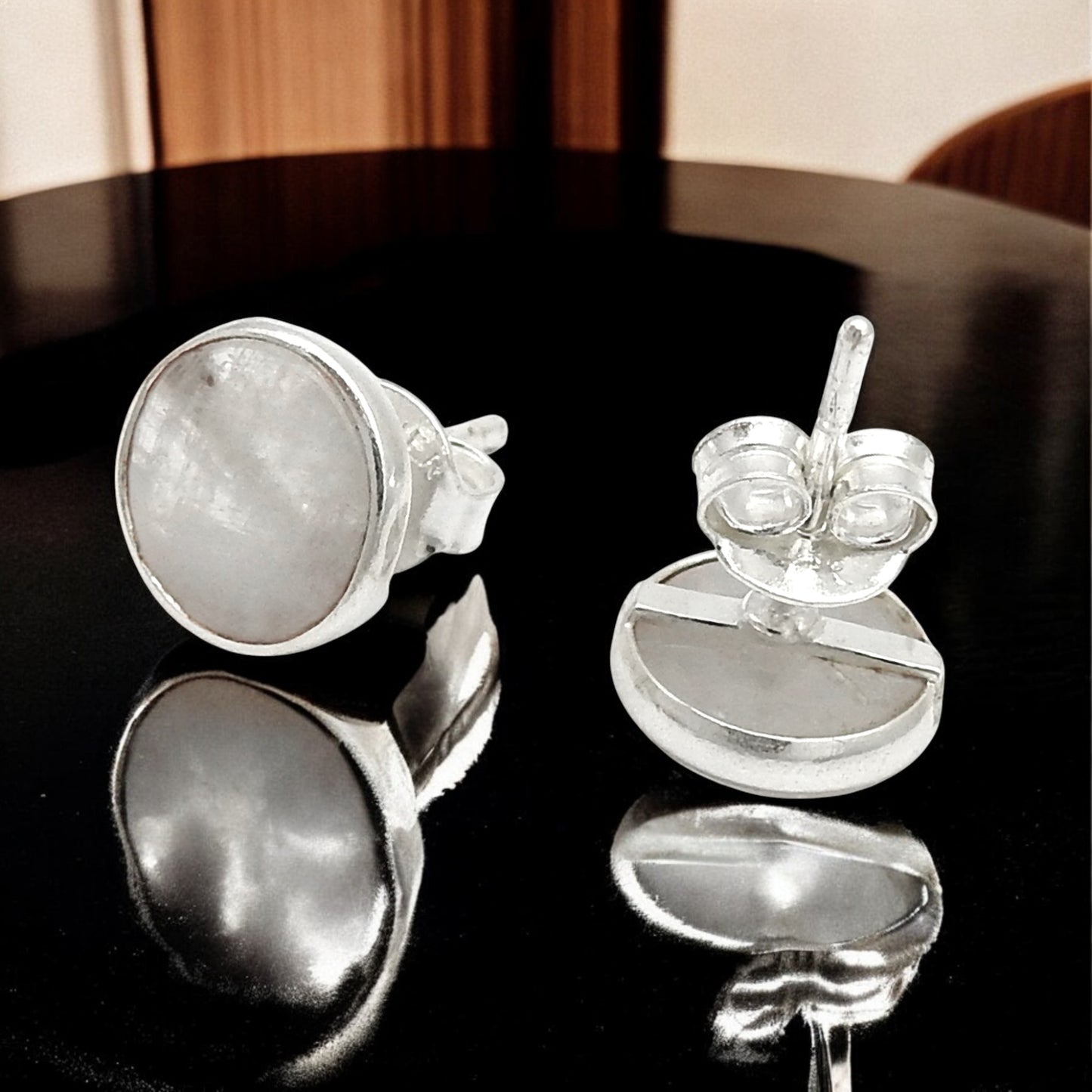 8mm Rainbow Moonstone 925 Sterling Silver Stud Earrings Handmade Jewelry