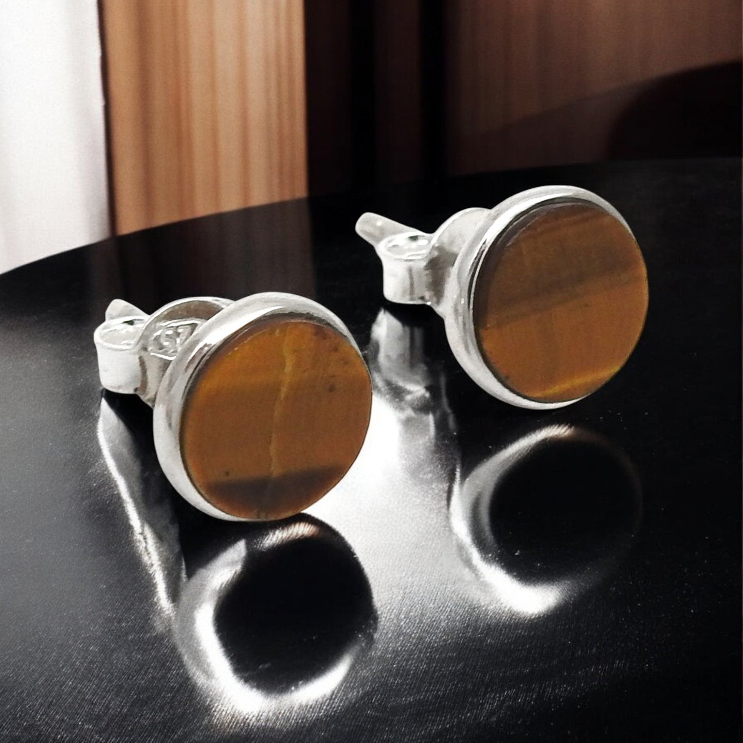 8mm Round Tiger Eye 925 Sterling Silver Handmade Stud Earrings Jewelry