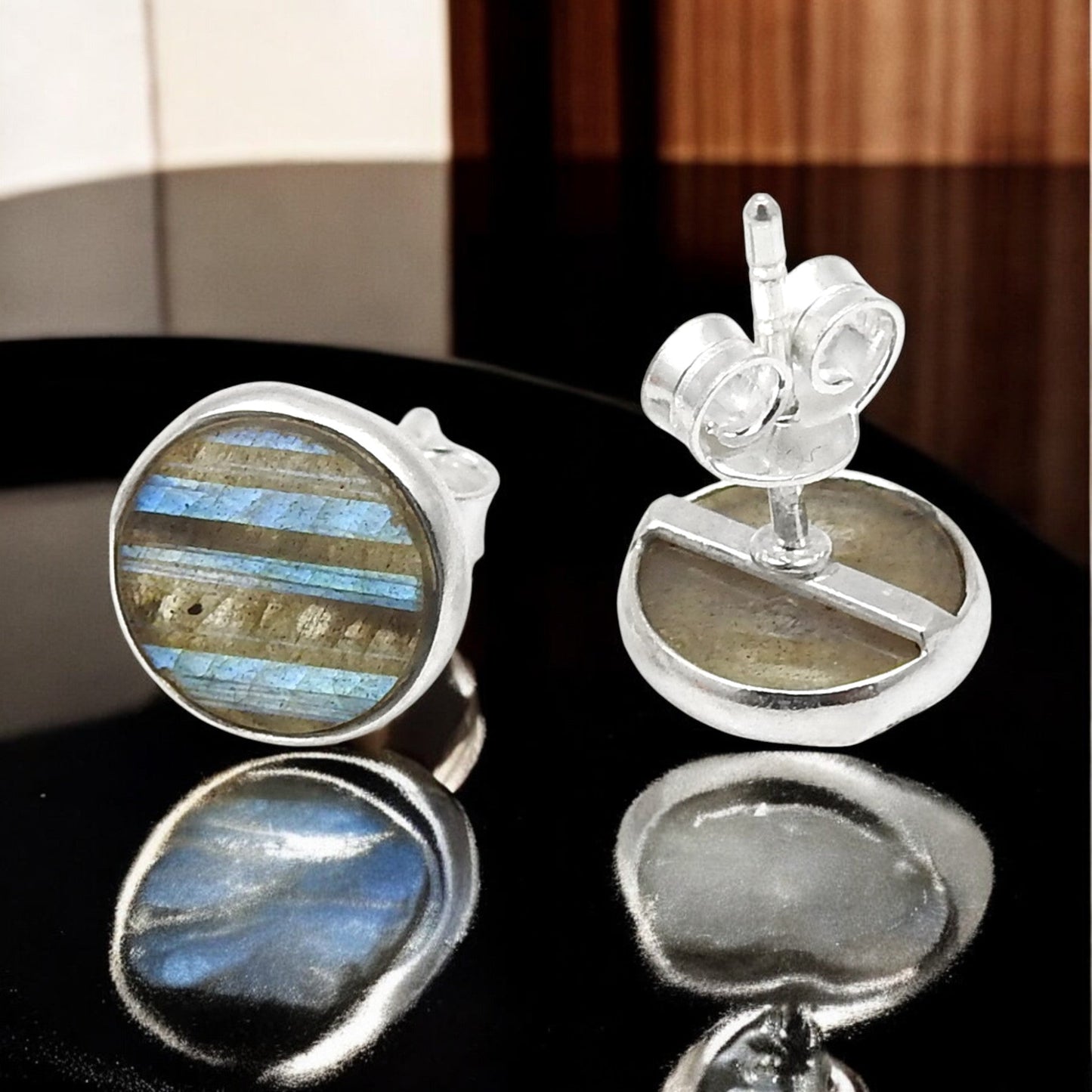 8mm Round Labradorite Gemstone 925 Sterling Silver Handmade Stud Earrings