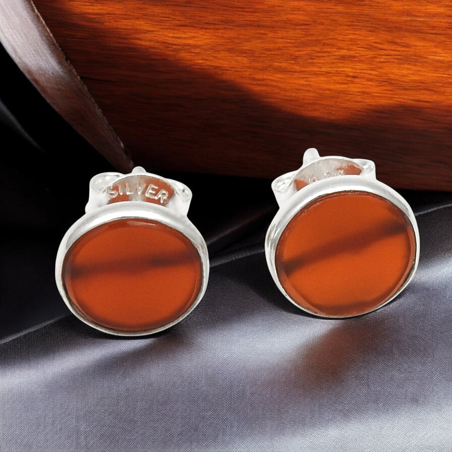 8mm Round Carnelian Gemstone 925 Sterling Silver Stud Earrings Jewelry