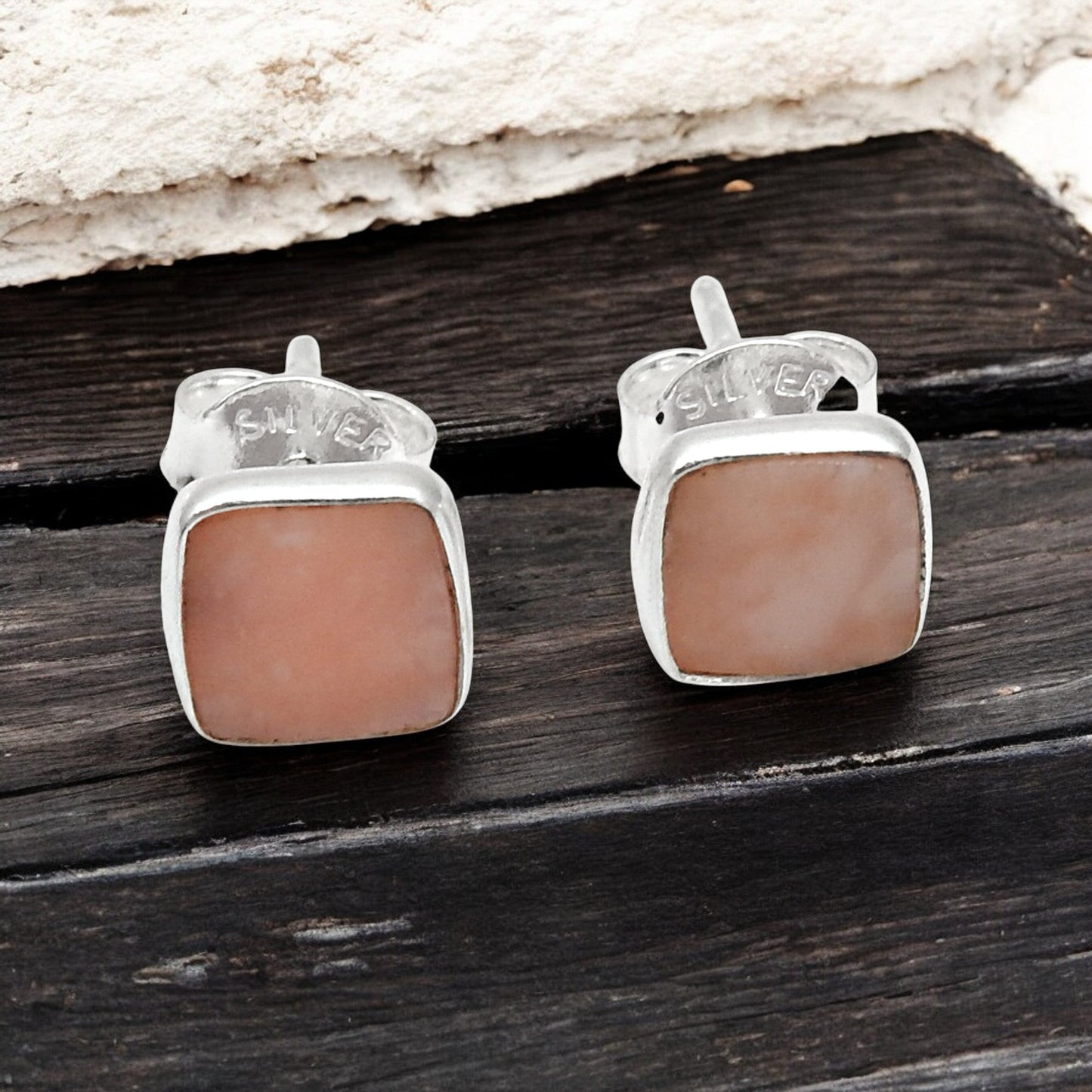 6mm Square Pink Opal 925 Sterling Silver Stud Earrings Women Jewelry