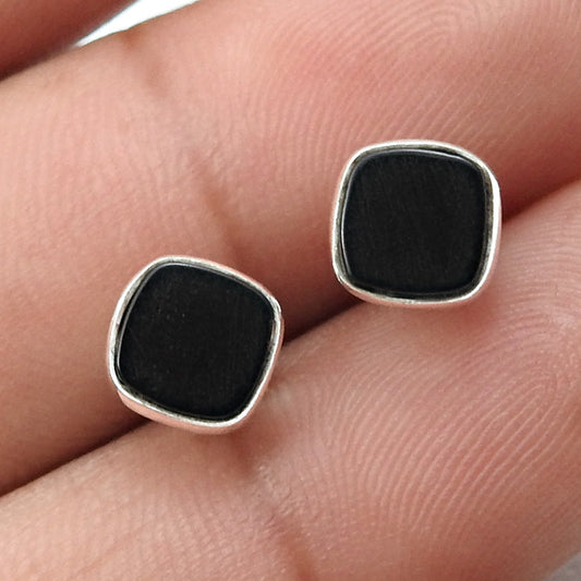 6mm Square Black Onyx 925 Solid Silver Women Bezel Stud Earrings