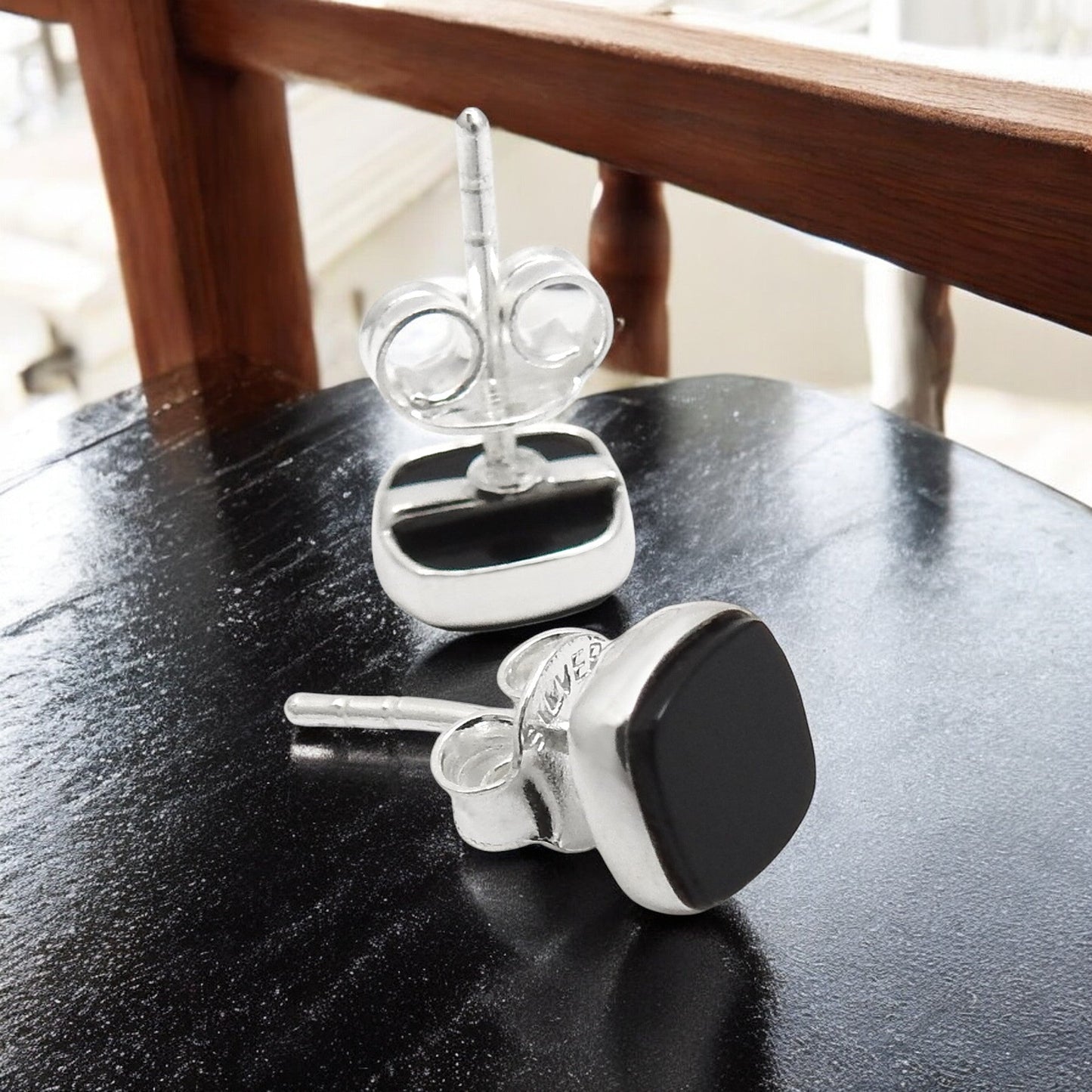 6mm Square Black Onyx 925 Solid Silver Women Bezel Stud Earrings