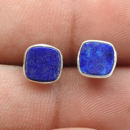 6mm Square Lapis Lazuli Gemstone 925 Sterling Silver Handmade Stud Earrings