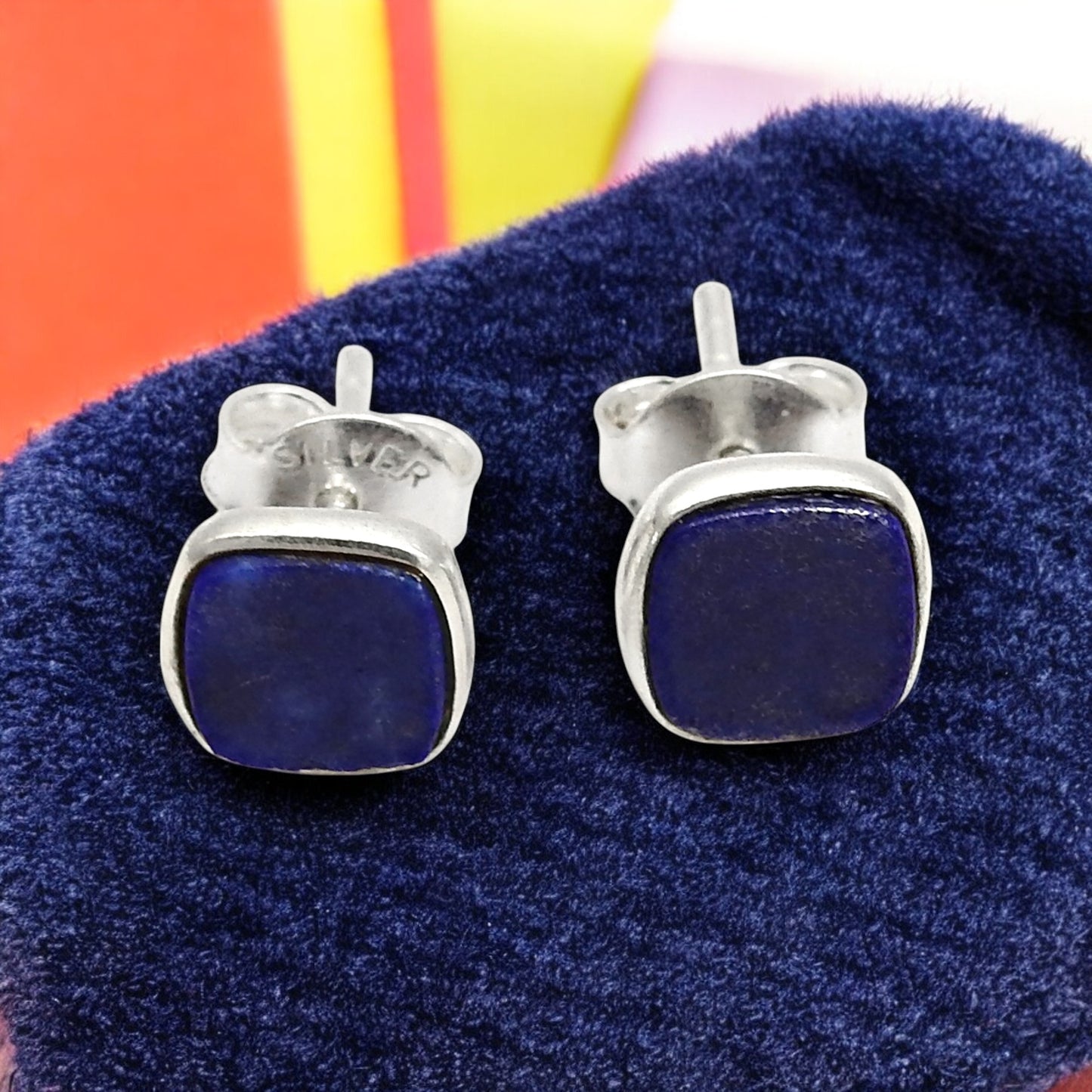 6mm Square Lapis Lazuli Gemstone 925 Sterling Silver Handmade Stud Earrings