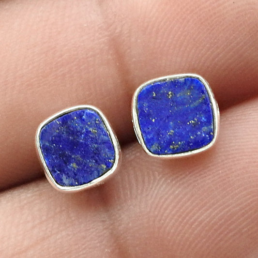 6mm Square Lapis Lazuli Gemstone 925 Sterling Silver Handmade Stud Earrings
